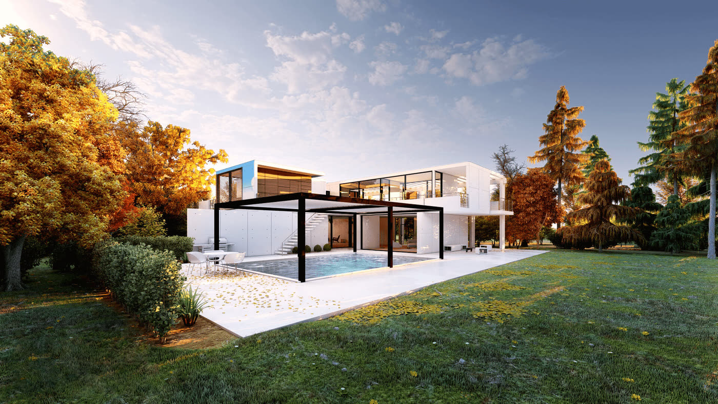 Aluminiowa pergola lamelowa SunRest nad tarasem i basenem przy nowoczesnym domu